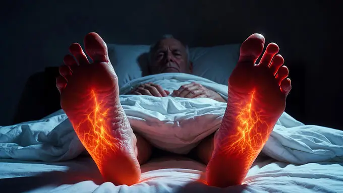 Person sitting on bed at night holding foot in pain